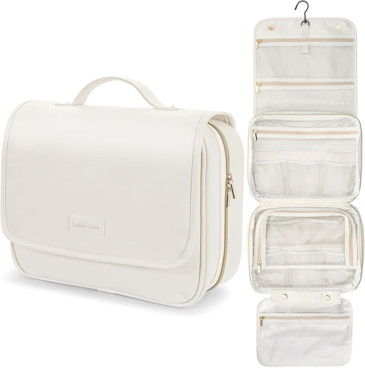 Hanging Travel Toiletry Bag for Women - Fabric Travel Makeup Organizer with Detachable Makeup Bag and 4 Smart Large Compartments, for Full-Sized Toiletries, Off White (M)
