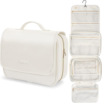 Hanging Travel Toiletry Bag for Women - Fabric Travel Makeup Organizer with Detachable Makeup Bag and 4 Smart Large Compartments, for Full-Sized Toiletries, Off White (M)