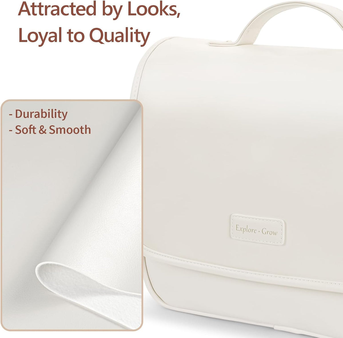Hanging Travel Toiletry Bag for Women - Fabric Travel Makeup Organizer with Detachable Makeup Bag and 4 Smart Large Compartments, for Full-Sized Toiletries, Off White (M)