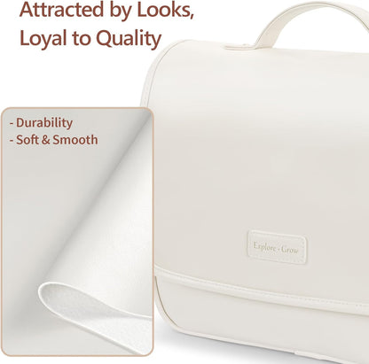 Hanging Travel Toiletry Bag for Women - Fabric Travel Makeup Organizer with Detachable Makeup Bag and 4 Smart Large Compartments, for Full-Sized Toiletries, Off White (M)