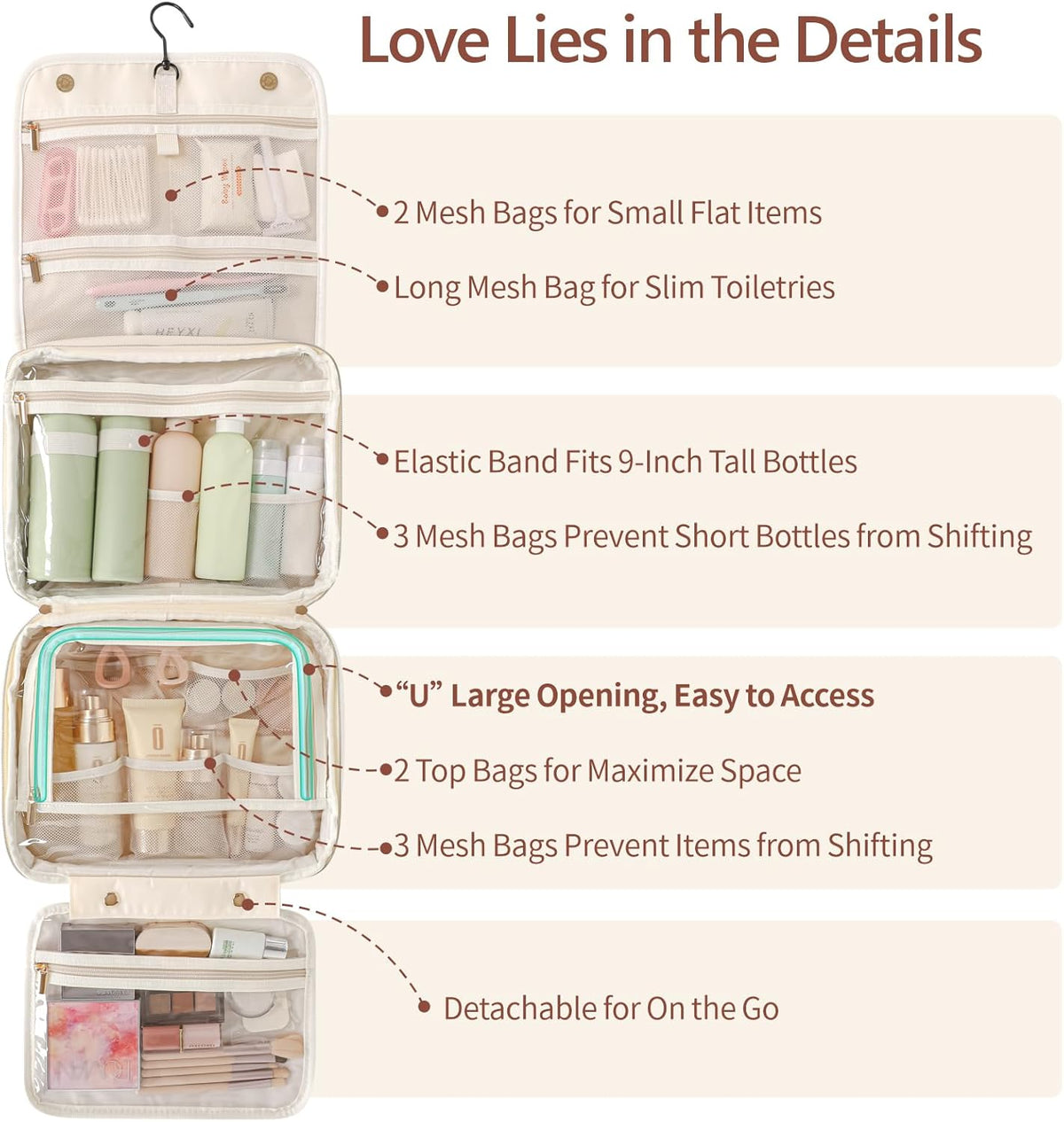 Hanging Travel Toiletry Bag for Women - Fabric Travel Makeup Organizer with Detachable Makeup Bag and 4 Smart Large Compartments, for Full-Sized Toiletries, Off White (M)