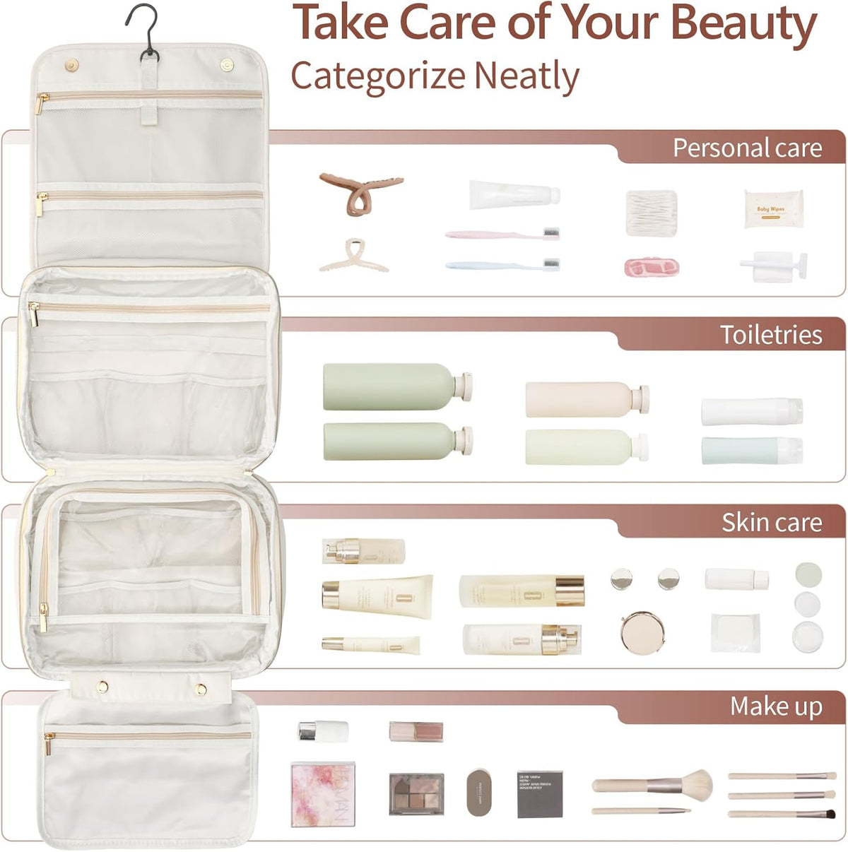 Hanging Travel Toiletry Bag for Women - Fabric Travel Makeup Organizer with Detachable Makeup Bag and 4 Smart Large Compartments, for Full-Sized Toiletries, Off White (M)