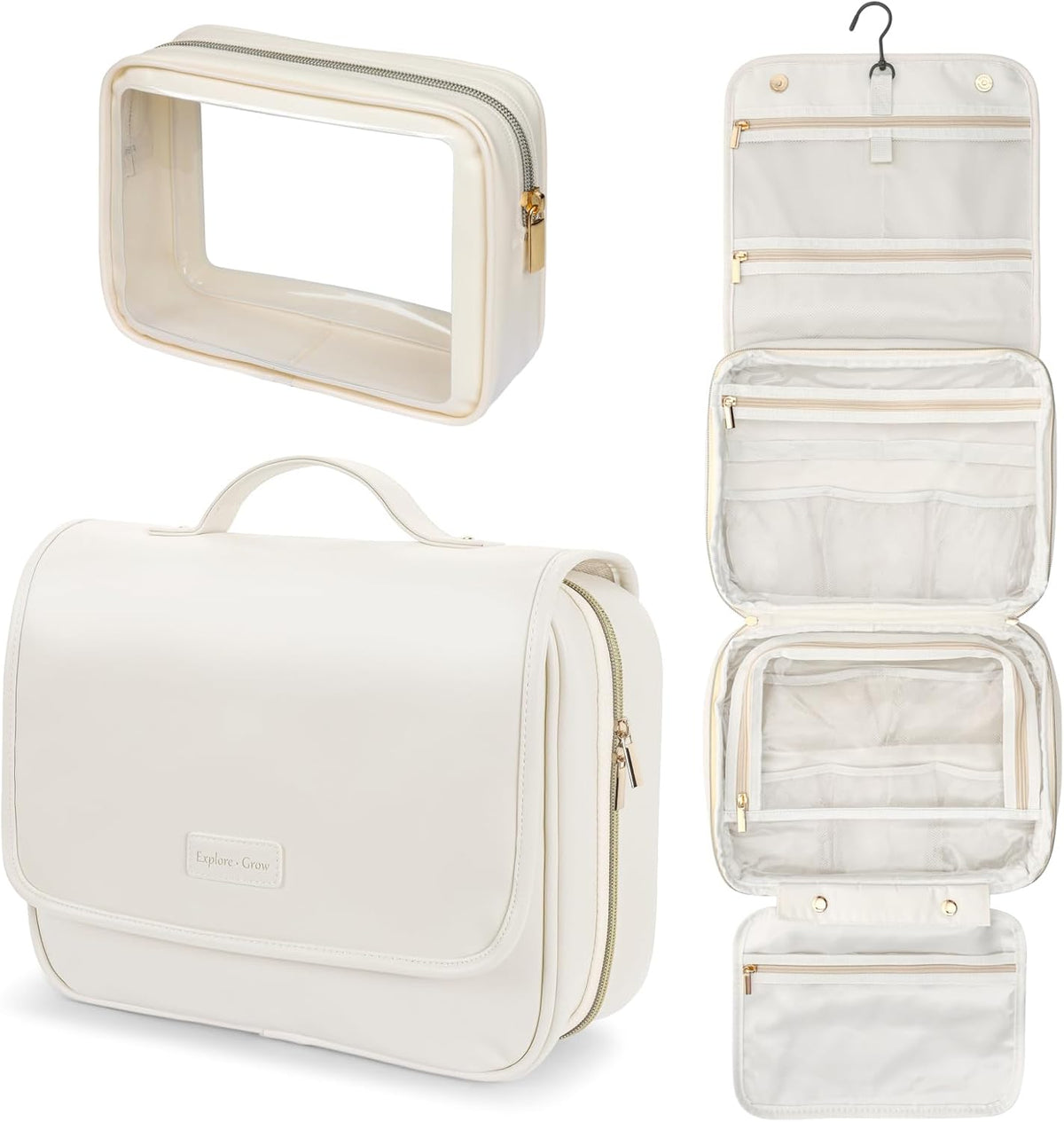Hanging Travel Toiletry Bag for Women - Fabric Travel Makeup Organizer with Detachable Makeup Bag and 4 Smart Large Compartments, for Full-Sized Toiletries, Off White (M)