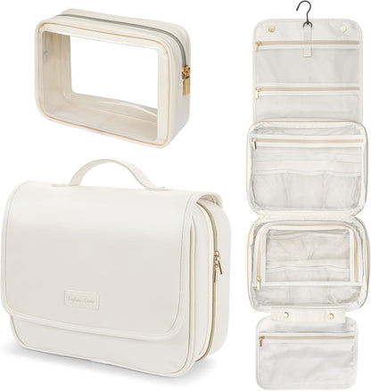 Hanging Travel Toiletry Bag for Women - Fabric Travel Makeup Organizer with Detachable Makeup Bag and 4 Smart Large Compartments, for Full-Sized Toiletries, Off White (M)