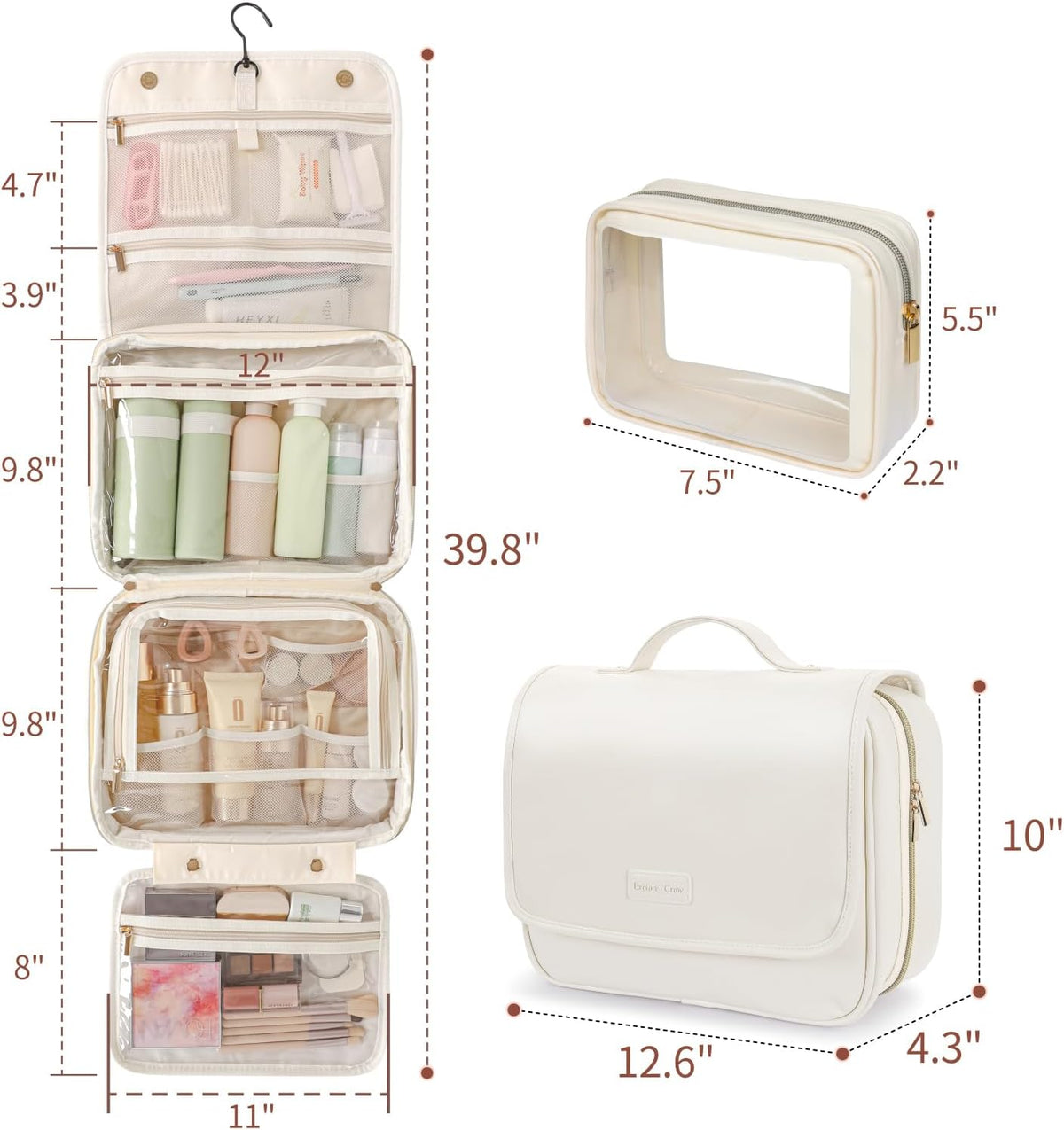 Hanging Travel Toiletry Bag for Women - Fabric Travel Makeup Organizer with Detachable Makeup Bag and 4 Smart Large Compartments, for Full-Sized Toiletries, Off White (M)