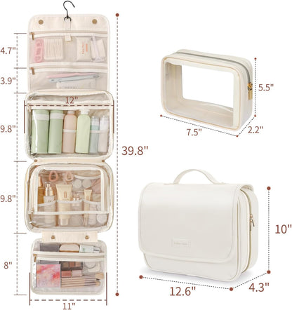Hanging Travel Toiletry Bag for Women - Fabric Travel Makeup Organizer with Detachable Makeup Bag and 4 Smart Large Compartments, for Full-Sized Toiletries, Off White (M)