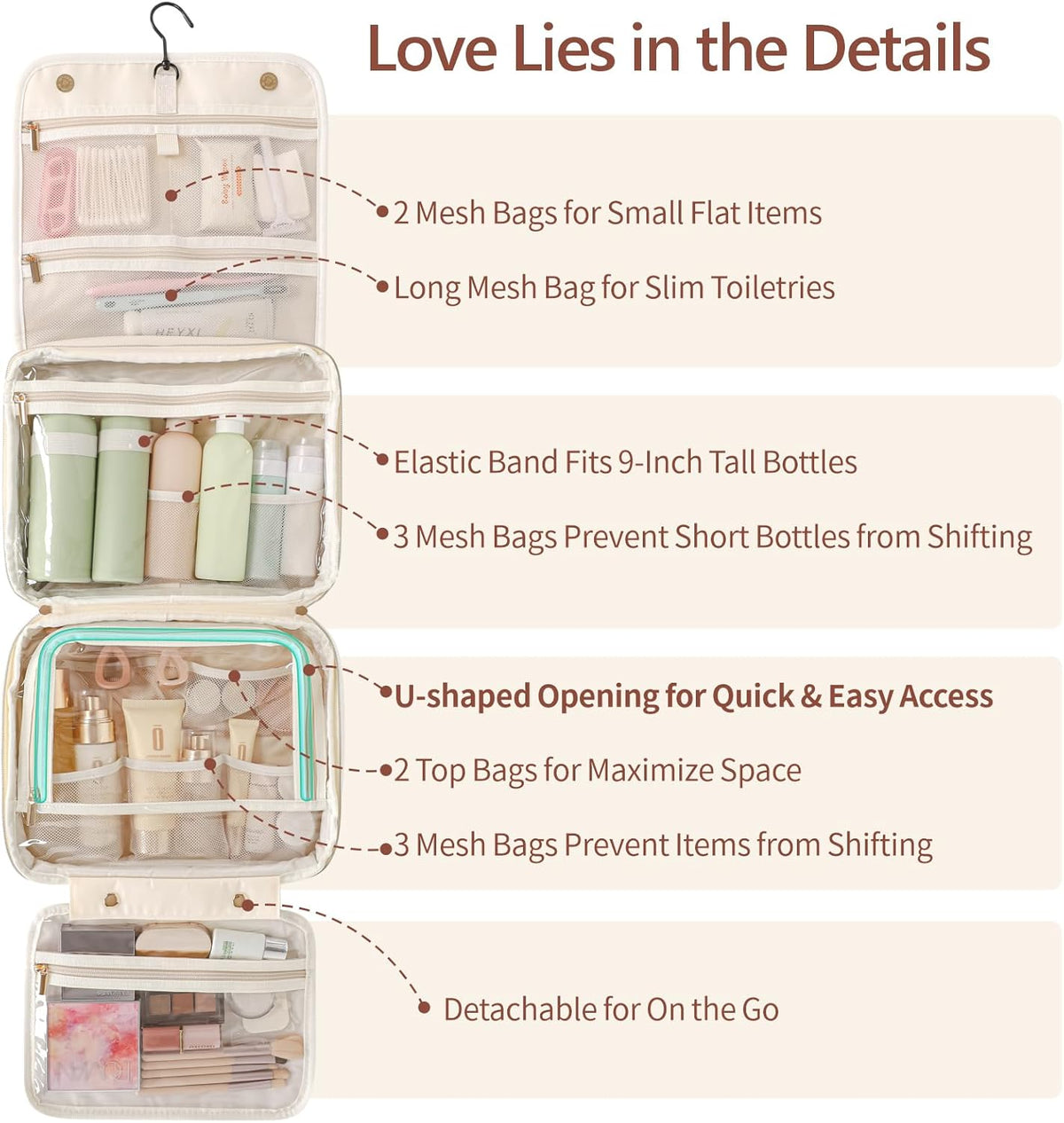 Hanging Travel Toiletry Bag for Women - Fabric Travel Makeup Organizer with Detachable Makeup Bag and 4 Smart Large Compartments, for Full-Sized Toiletries, Off White (M)