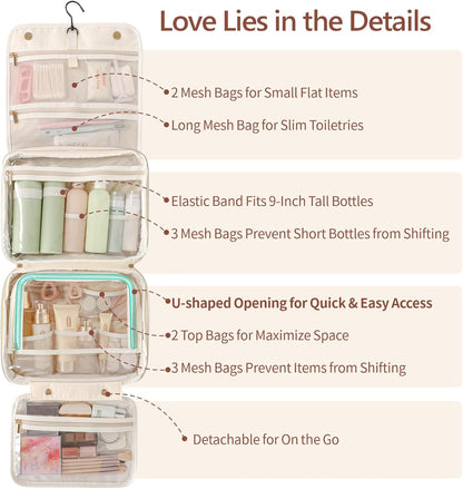 Hanging Travel Toiletry Bag for Women - Fabric Travel Makeup Organizer with Detachable Makeup Bag and 4 Smart Large Compartments, for Full-Sized Toiletries, Off White (M)