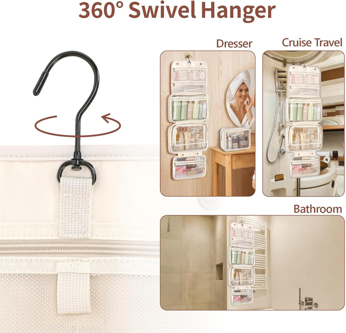 Hanging Travel Toiletry Bag for Women - Fabric Travel Makeup Organizer with Detachable Makeup Bag and 4 Smart Large Compartments, for Full-Sized Toiletries, Off White (M)