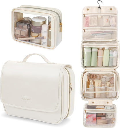 Hanging Travel Toiletry Bag for Women - Fabric Travel Makeup Organizer with Detachable Makeup Bag and 4 Smart Large Compartments, for Full-Sized Toiletries, Off White (M)