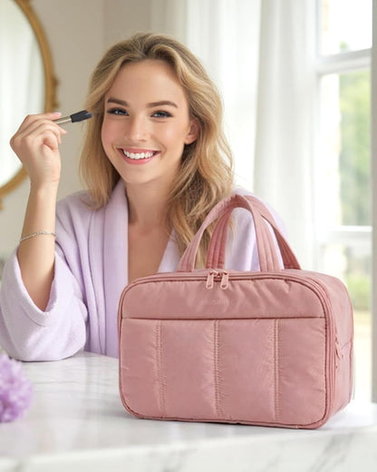 Travel Toiletry Bag, Puffy Large Toiletry Bag for Women, Lightweight Cosmetic Makeup Bag Organizer with Handle for Traveling, Accessories, Essentials, Toiletries (Pink)