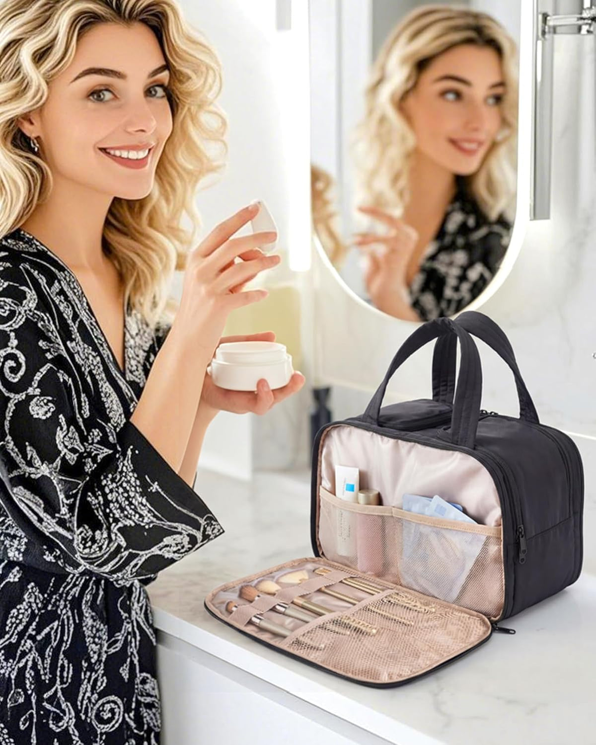 Travel Toiletry Bag, Puffy Large Toiletry Bag for Women, Lightweight Cosmetic Makeup Bag Organizer with Handle for Traveling, Accessories, Essentials, Toiletries (Pink)