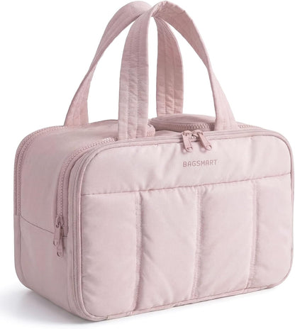 Travel Toiletry Bag, Puffy Large Toiletry Bag for Women, Lightweight Cosmetic Makeup Bag Organizer with Handle for Traveling, Accessories, Essentials, Toiletries (Pink)