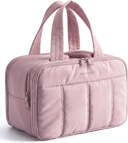 Travel Toiletry Bag, Puffy Large Toiletry Bag for Women, Lightweight Cosmetic Makeup Bag Organizer with Handle for Traveling, Accessories, Essentials, Toiletries (Pink)