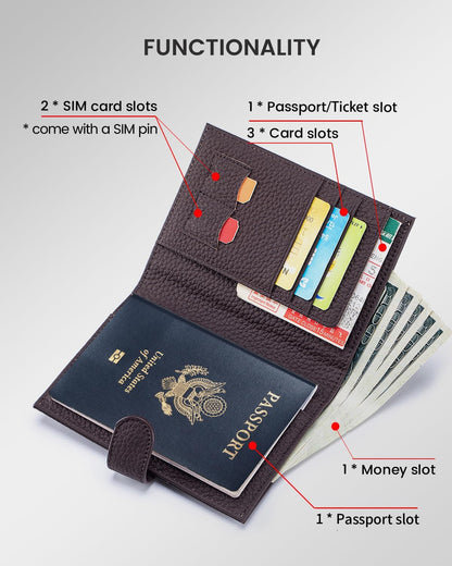 RFID Slim Passport Holder for Man & Women, Compact Leather Passport Wallet with Card Holders SIM Slots, Zippered Coins Pocket and Cash Holder Travel Passport Cover Case, Dark Blue