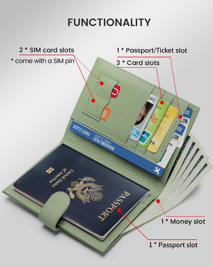 RFID Slim Passport Holder for Man & Women, Compact Leather Passport Wallet with Card Holders SIM Slots, Zippered Coins Pocket and Cash Holder Travel Passport Cover Case, Dark Blue