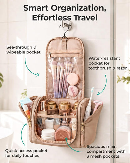 Travel Toiletry Bag for Women, Puffy Hanging Toiletry Bag with Hook, Water-resistant Toiletry Organizer for Full Sized Toiletries (Black)