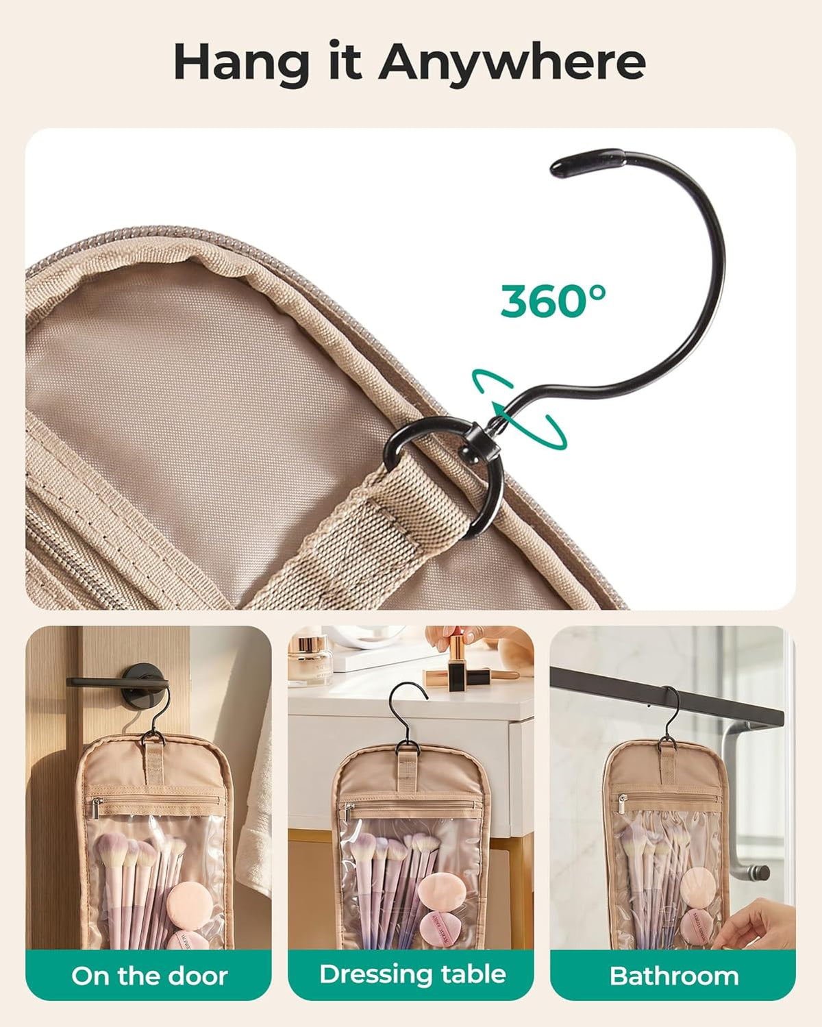 Travel Toiletry Bag for Women, Puffy Hanging Toiletry Bag with Hook, Water-resistant Toiletry Organizer for Full Sized Toiletries (Black)