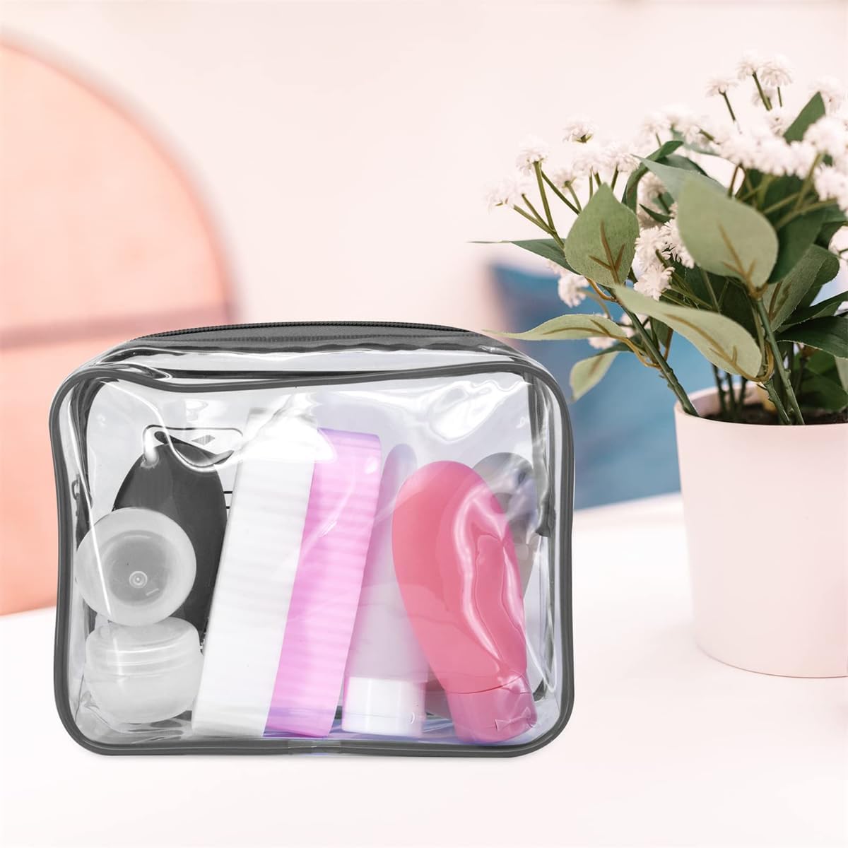 Clear Travel Toiletry Bag TSA Approved Quart Size Travel Bag Airport Carry On Liquid Cosmetic Pouch Clear Shower Bag Transparent Security Toiletry Bags (Pink)
