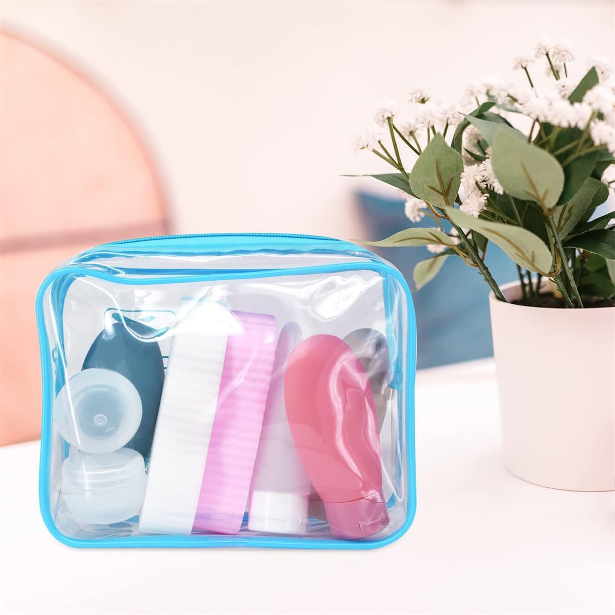 Clear Travel Toiletry Bag TSA Approved Quart Size Travel Bag Airport Carry On Liquid Cosmetic Pouch Clear Shower Bag Transparent Security Toiletry Bags (Pink)