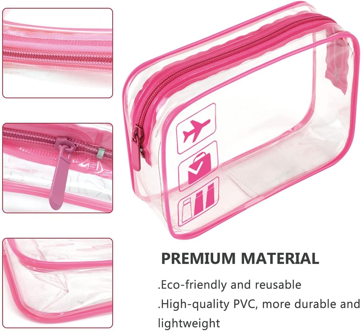 Clear Travel Toiletry Bag TSA Approved Quart Size Travel Bag Airport Carry On Liquid Cosmetic Pouch Clear Shower Bag Transparent Security Toiletry Bags (Pink)
