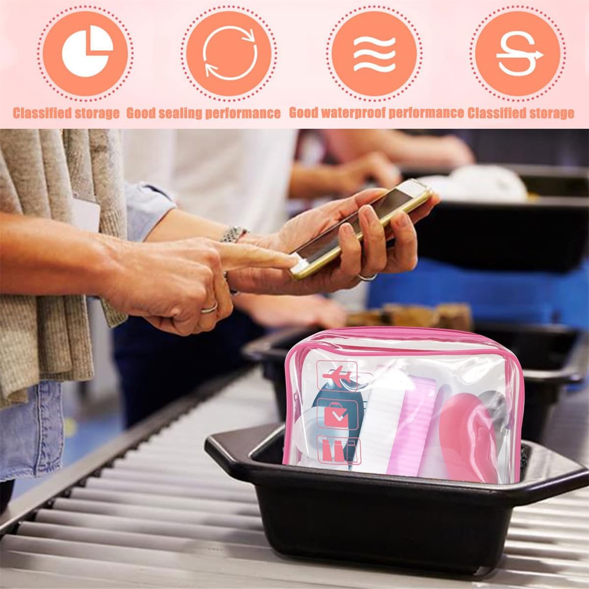 Clear Travel Toiletry Bag TSA Approved Quart Size Travel Bag Airport Carry On Liquid Cosmetic Pouch Clear Shower Bag Transparent Security Toiletry Bags (Pink)