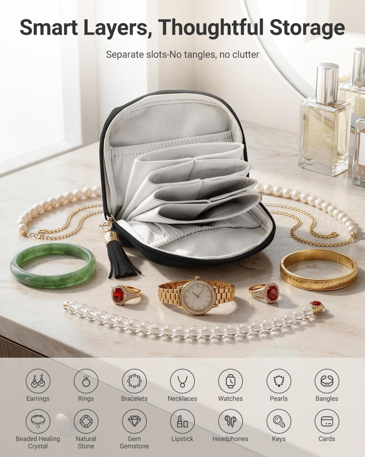 Small Travel Jewelry Case - Soft Vegan Leather Jewelry Organizer Storage Bag for Necklaces, Bracelets, Rings - Compact Jewelry Porch Travel Essentials for Women, Cream White