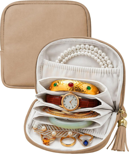 Small Travel Jewelry Case - Soft Vegan Leather Jewelry Organizer Storage Bag for Necklaces, Bracelets, Rings - Compact Jewelry Porch Travel Essentials for Women, Cream White