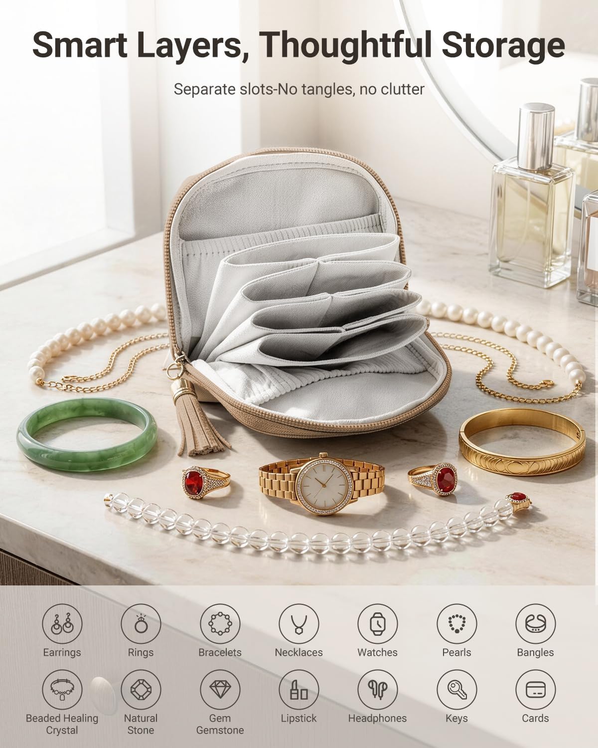 Small Travel Jewelry Case - Soft Vegan Leather Jewelry Organizer Storage Bag for Necklaces, Bracelets, Rings - Compact Jewelry Porch Travel Essentials for Women, Cream White
