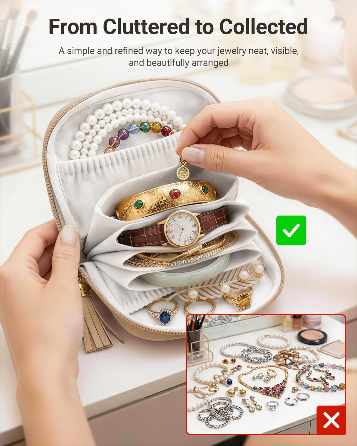 Small Travel Jewelry Case - Soft Vegan Leather Jewelry Organizer Storage Bag for Necklaces, Bracelets, Rings - Compact Jewelry Porch Travel Essentials for Women, Cream White