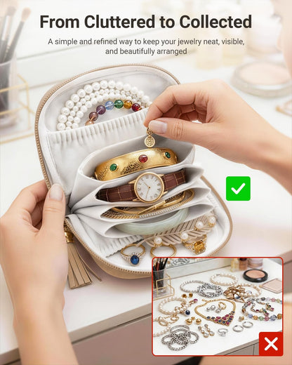 Small Travel Jewelry Case - Soft Vegan Leather Jewelry Organizer Storage Bag for Necklaces, Bracelets, Rings - Compact Jewelry Porch Travel Essentials for Women, Cream White