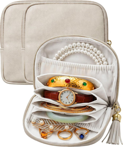 Small Travel Jewelry Case - Soft Vegan Leather Jewelry Organizer Storage Bag for Necklaces, Bracelets, Rings - Compact Jewelry Porch Travel Essentials for Women, Cream White