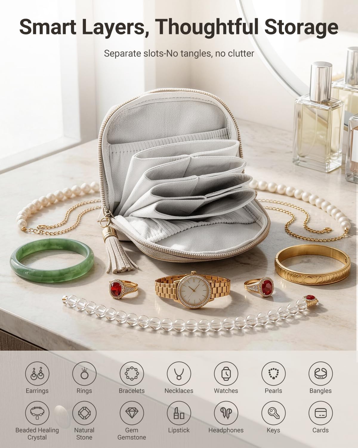 Small Travel Jewelry Case - Soft Vegan Leather Jewelry Organizer Storage Bag for Necklaces, Bracelets, Rings - Compact Jewelry Porch Travel Essentials for Women, Cream White