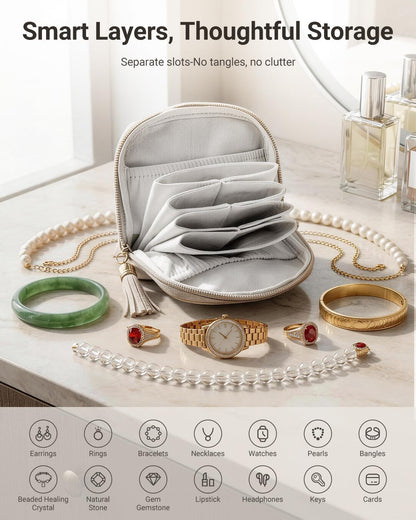 Small Travel Jewelry Case - Soft Vegan Leather Jewelry Organizer Storage Bag for Necklaces, Bracelets, Rings - Compact Jewelry Porch Travel Essentials for Women, Cream White