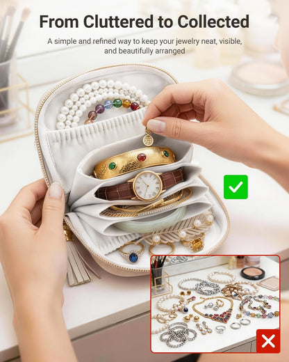 Small Travel Jewelry Case - Soft Vegan Leather Jewelry Organizer Storage Bag for Necklaces, Bracelets, Rings - Compact Jewelry Porch Travel Essentials for Women, Cream White