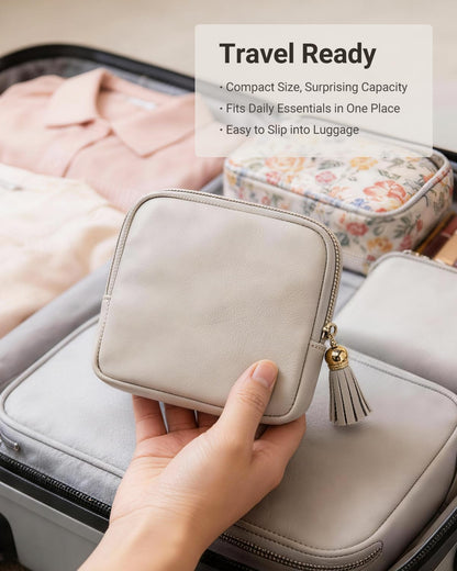 Small Travel Jewelry Case - Soft Vegan Leather Jewelry Organizer Storage Bag for Necklaces, Bracelets, Rings - Compact Jewelry Porch Travel Essentials for Women, Cream White