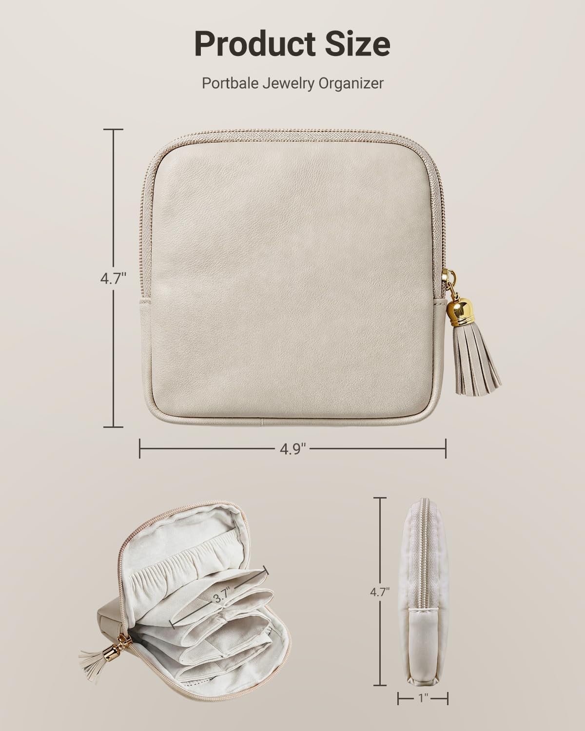 Small Travel Jewelry Case - Soft Vegan Leather Jewelry Organizer Storage Bag for Necklaces, Bracelets, Rings - Compact Jewelry Porch Travel Essentials for Women, Cream White