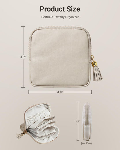 Small Travel Jewelry Case - Soft Vegan Leather Jewelry Organizer Storage Bag for Necklaces, Bracelets, Rings - Compact Jewelry Porch Travel Essentials for Women, Cream White