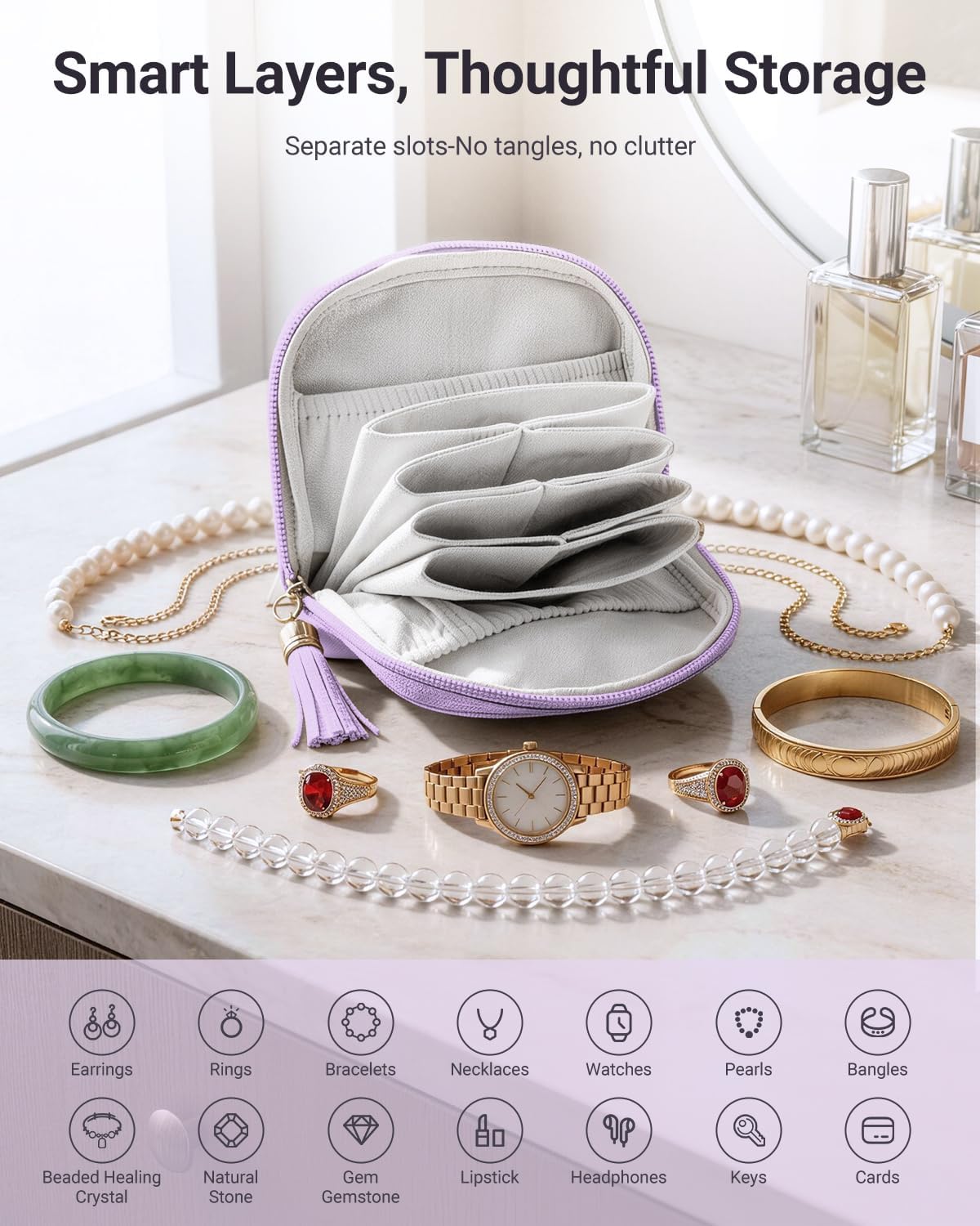 Small Travel Jewelry Case - Soft Vegan Leather Jewelry Organizer Storage Bag for Necklaces, Bracelets, Rings - Compact Jewelry Porch Travel Essentials for Women, Cream White