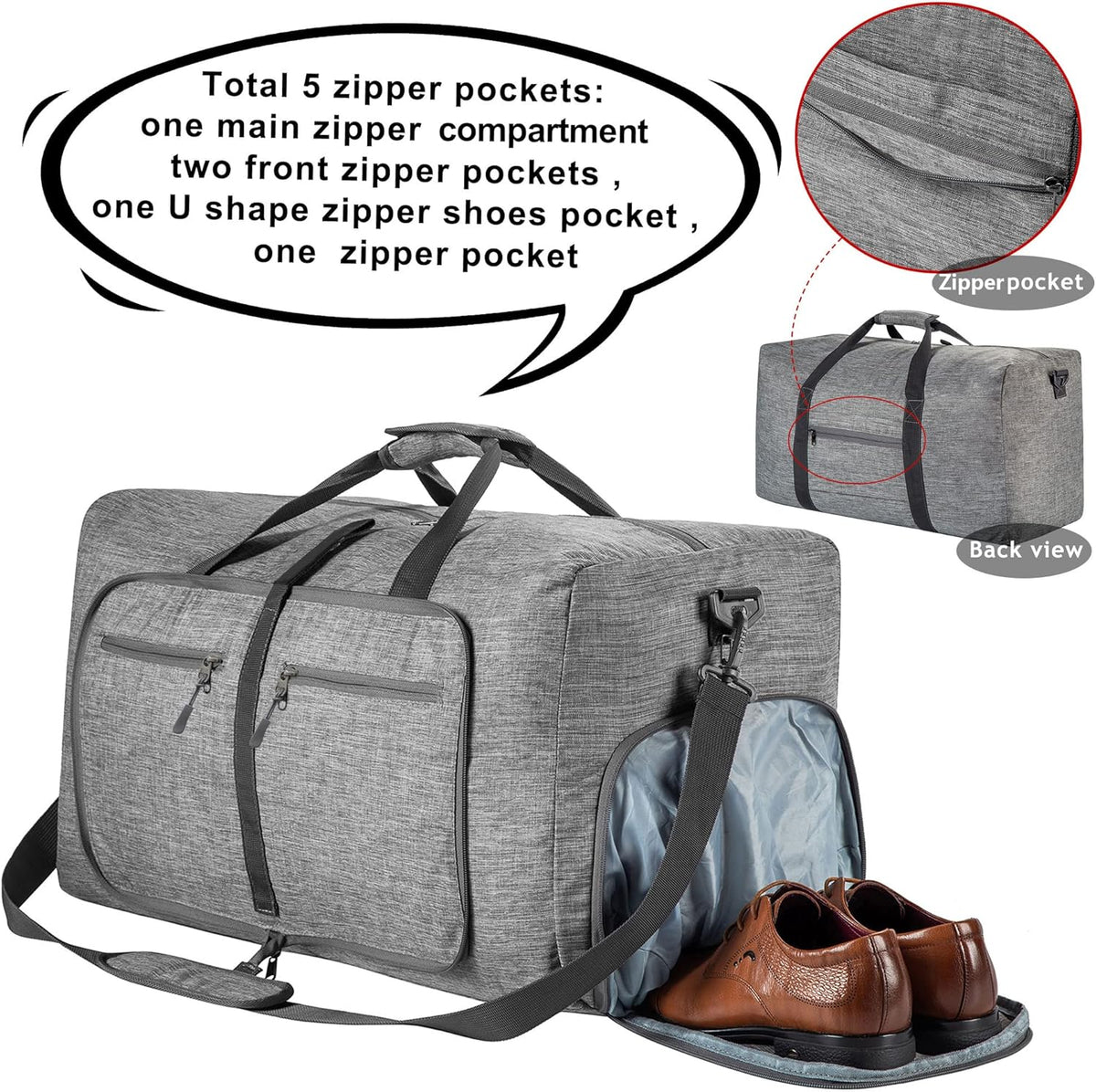 65L/85L/115L Foldable Travel Duffle Bag, Lightweight Checked Luggage with Shoe Compartment, Water-Resistant Weekender Overnight Bag for Men & Women