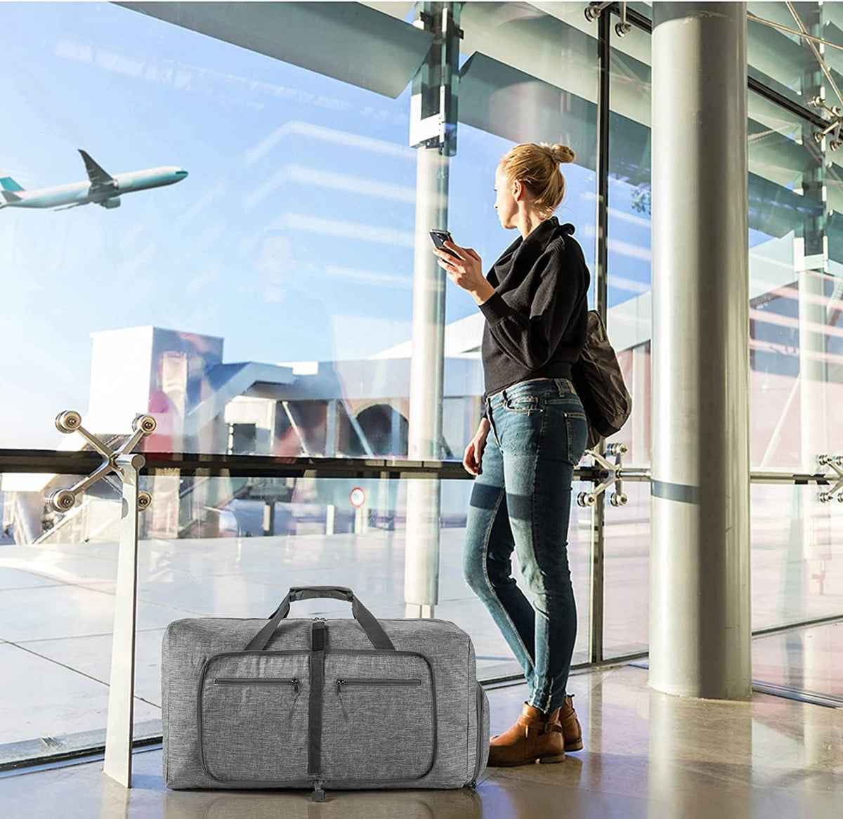 65L/85L/115L Foldable Travel Duffle Bag, Lightweight Checked Luggage with Shoe Compartment, Water-Resistant Weekender Overnight Bag for Men & Women