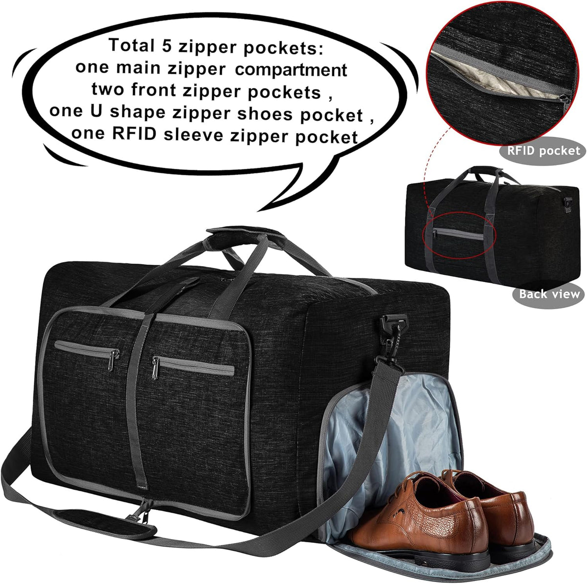 65L/85L/115L Foldable Travel Duffle Bag, Lightweight Checked Luggage with Shoe Compartment, Water-Resistant Weekender Overnight Bag for Men & Women