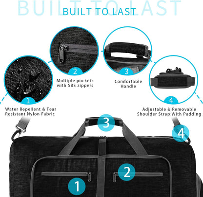 65L/85L/115L Foldable Travel Duffle Bag, Lightweight Checked Luggage with Shoe Compartment, Water-Resistant Weekender Overnight Bag for Men & Women