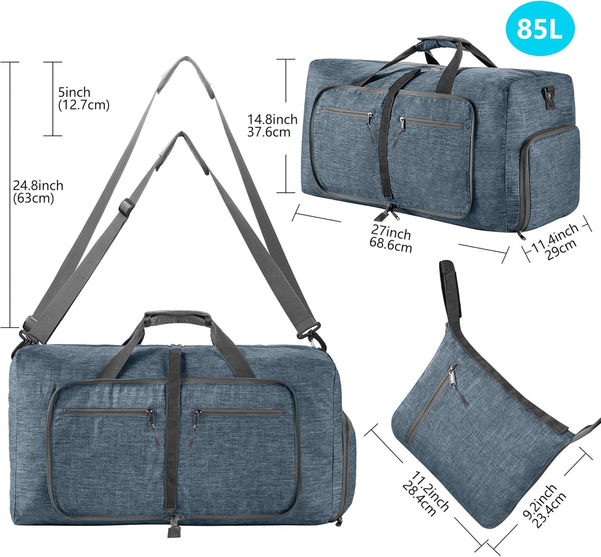 65L/85L/115L Foldable Travel Duffle Bag, Lightweight Checked Luggage with Shoe Compartment, Water-Resistant Weekender Overnight Bag for Men & Women