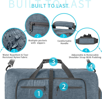 65L/85L/115L Foldable Travel Duffle Bag, Lightweight Checked Luggage with Shoe Compartment, Water-Resistant Weekender Overnight Bag for Men & Women