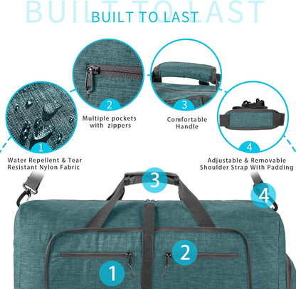 65L/85L/115L Foldable Travel Duffle Bag, Lightweight Checked Luggage with Shoe Compartment, Water-Resistant Weekender Overnight Bag for Men & Women