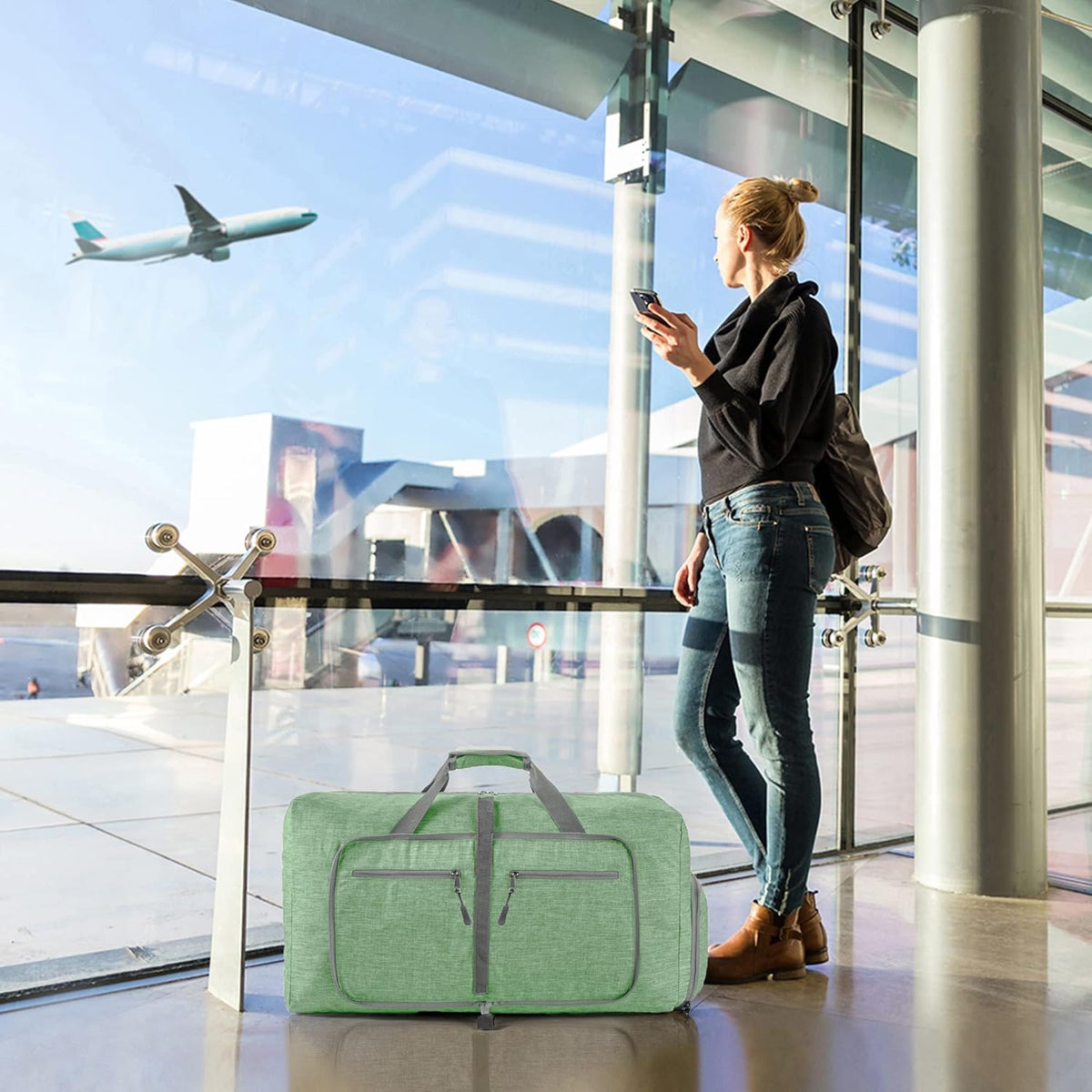 65L/85L/115L Foldable Travel Duffle Bag, Lightweight Checked Luggage with Shoe Compartment, Water-Resistant Weekender Overnight Bag for Men & Women