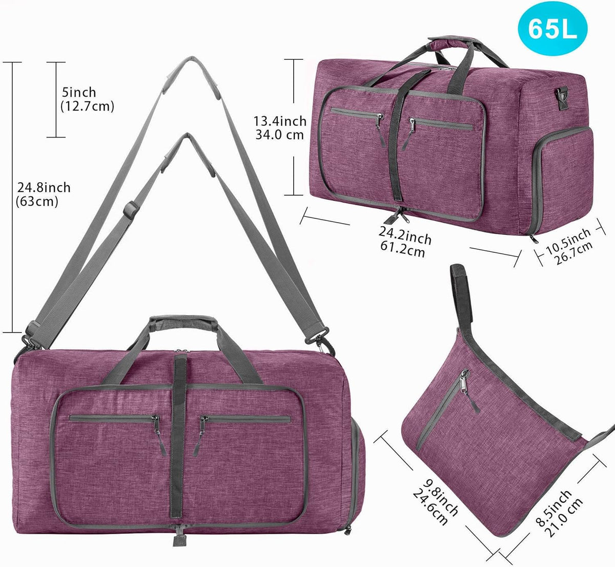 65L/85L/115L Foldable Travel Duffle Bag, Lightweight Checked Luggage with Shoe Compartment, Water-Resistant Weekender Overnight Bag for Men & Women