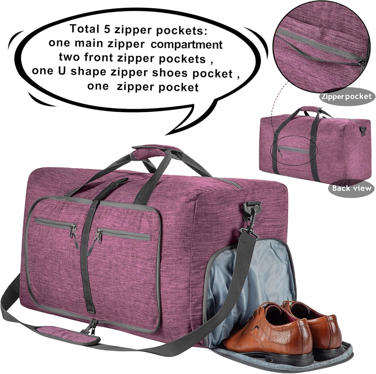 65L/85L/115L Foldable Travel Duffle Bag, Lightweight Checked Luggage with Shoe Compartment, Water-Resistant Weekender Overnight Bag for Men & Women