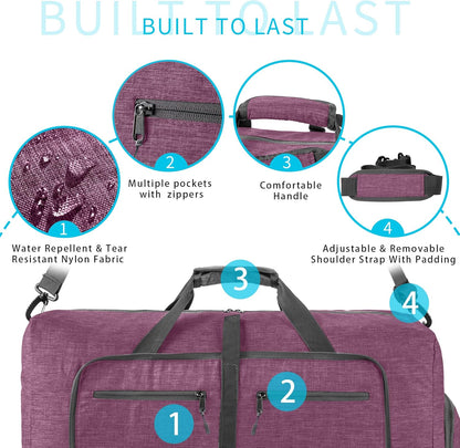 65L/85L/115L Foldable Travel Duffle Bag, Lightweight Checked Luggage with Shoe Compartment, Water-Resistant Weekender Overnight Bag for Men & Women